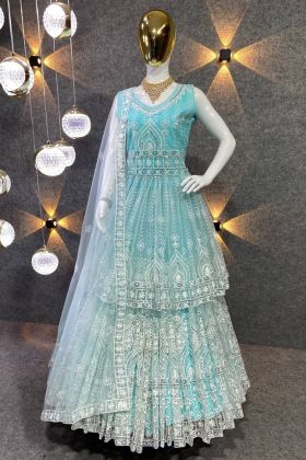 Sky Blue Butterfly Net Lehenga With Tunic Top