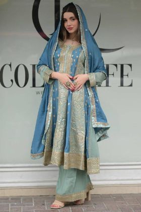 Sky Blue Color Embroidery Sequence Work Sharara Suit