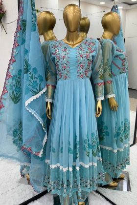 Sky Blue Color Faux Georgette New Designer Party Wear Gown