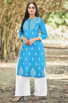 Sky Blue Rayon Kurti With Plain Palazzo