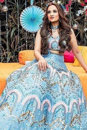 Sky Blue Soft Net Chain Stitch Work Lehenga Choli