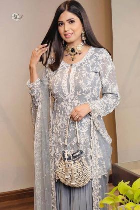 Slate Grey Faux Georgette Pearl Moti Work Palazzo Salwar Suit