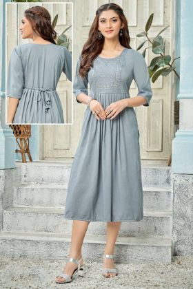 Steel Grey Embroidery Work Nayra Cut Kurti