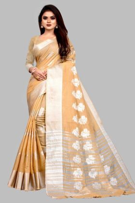 Taupe Yellow Soft Linen Silk Silver Zari Weaving Work Saree