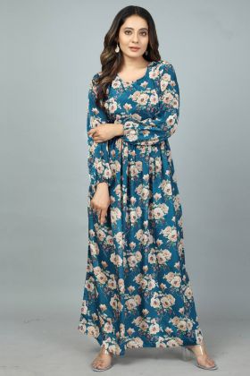 Teal Blue Kasturi Silk Printed Kurti