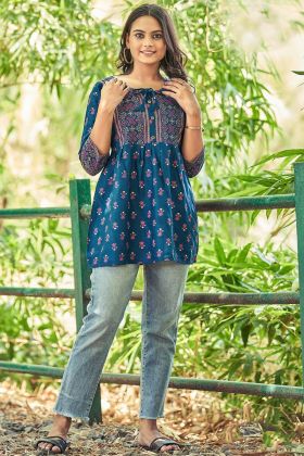 Teal Blue Printed Readymade Short Kurti