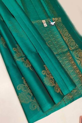 Teal Blue Soft Linan Slab Jacquard Work Saree