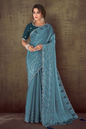 Teal Color type Reception Special Satin Organza Fancy Saree