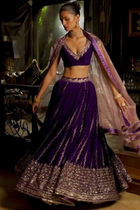 Violet Blue Viscose Velvet Sequence Work Lehenga Choli