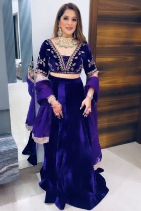 Violet Viscose Velvet Embroidery Work Lehenga