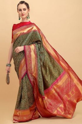 Wedding Wear Green Jacquard Work Saree