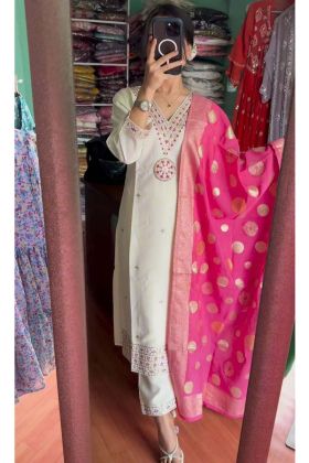 White Color Top Bottom Chinnon Silk With Pink Dupatta