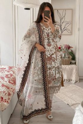 White Faux Georgette Chine Sequence Work Festive Top Pant Suit