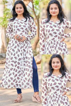 White Flower Printed Long Sleeves Kurti