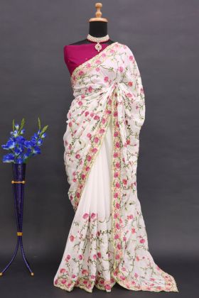 White Georgette Flower Embroidered Saree