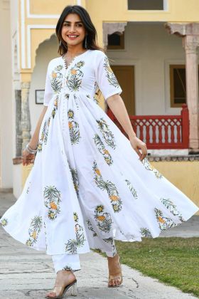 White Heavy Cotton Morpich Printed Gown