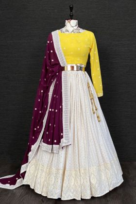 White Lakhnavi Work Contrast Lehenga Choli