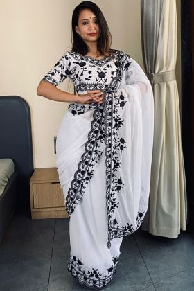 White Multi Embroidery Work Soft Georgette Saree