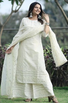 White Pure Maska Cotton Foil Work Straight Suit