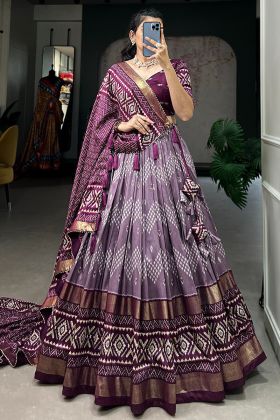 Wine Ikkat Printed Tussar Silk Lehenga Choli