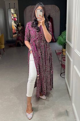 Wine Rayon Bandhani Printed Kurti