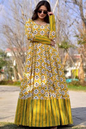 Yellow Digital Printed Long Sleeves Gown