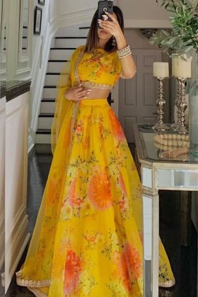 Yellow Digital Printed Tebby Organza Silk Lehenga Choli