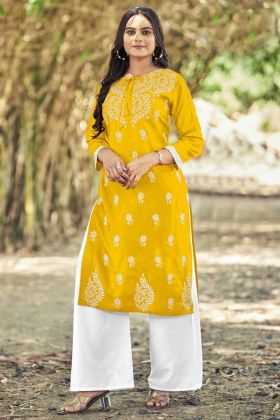 Yellow Embroidery Work Kurti With Palazzo