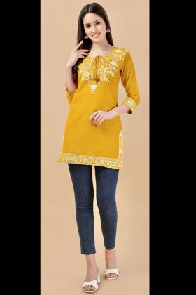 Yellow Embroidery Work Rayon Short Kurti