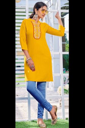 Yellow Embroidery Work Stitched Short Kurti