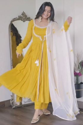 Yellow Faux Georgette Embroidery Work Long Gown