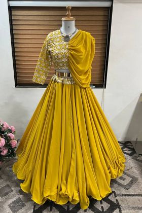 Yellow Faux Georgette Plain Lehenga With Stitch Choli