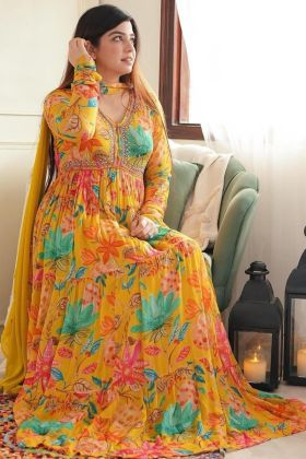 Yellow Faux Georgette Ruffle Anarkali Gown