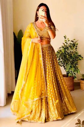 Yellow Faux Georgette Sequence Work Lehenga Choli