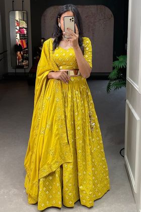 Yellow Georgette Thread Work Lehenga Choli