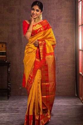 Yellow Jacquard Work Soft Lichi Silk Saree