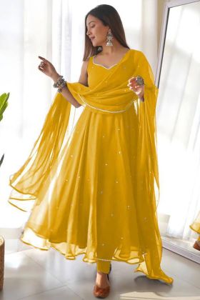 Yellow Sequence Embroidery Work Gown