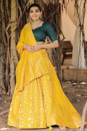 Yellow Viscose Chanderi Jacquard Work Lehenga Choli