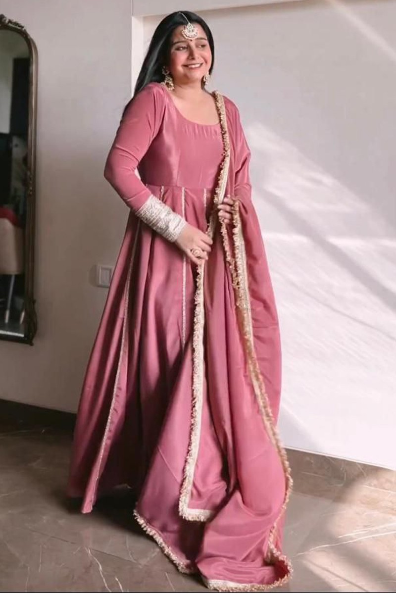 Festive Wear Dark Peach Chinon Silk Anarkali Gown