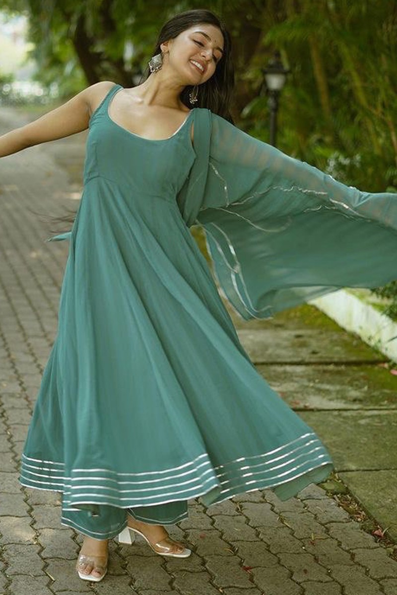 Green Georgette Gown With Gota Patti Work