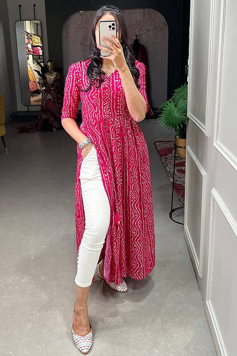 Rani Bandhani Printed Rayon Nayra Cut Kurti