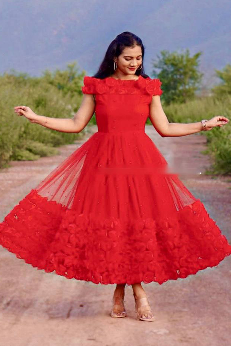 Red Soft Butterfly Net Rose Flower Ribin Work Party Wear Readymade Gown