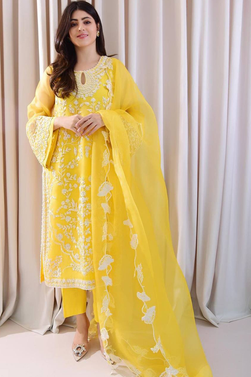 Yellow Faux Georgette Fancy Bell Sleeves Kurti With Straight Pant