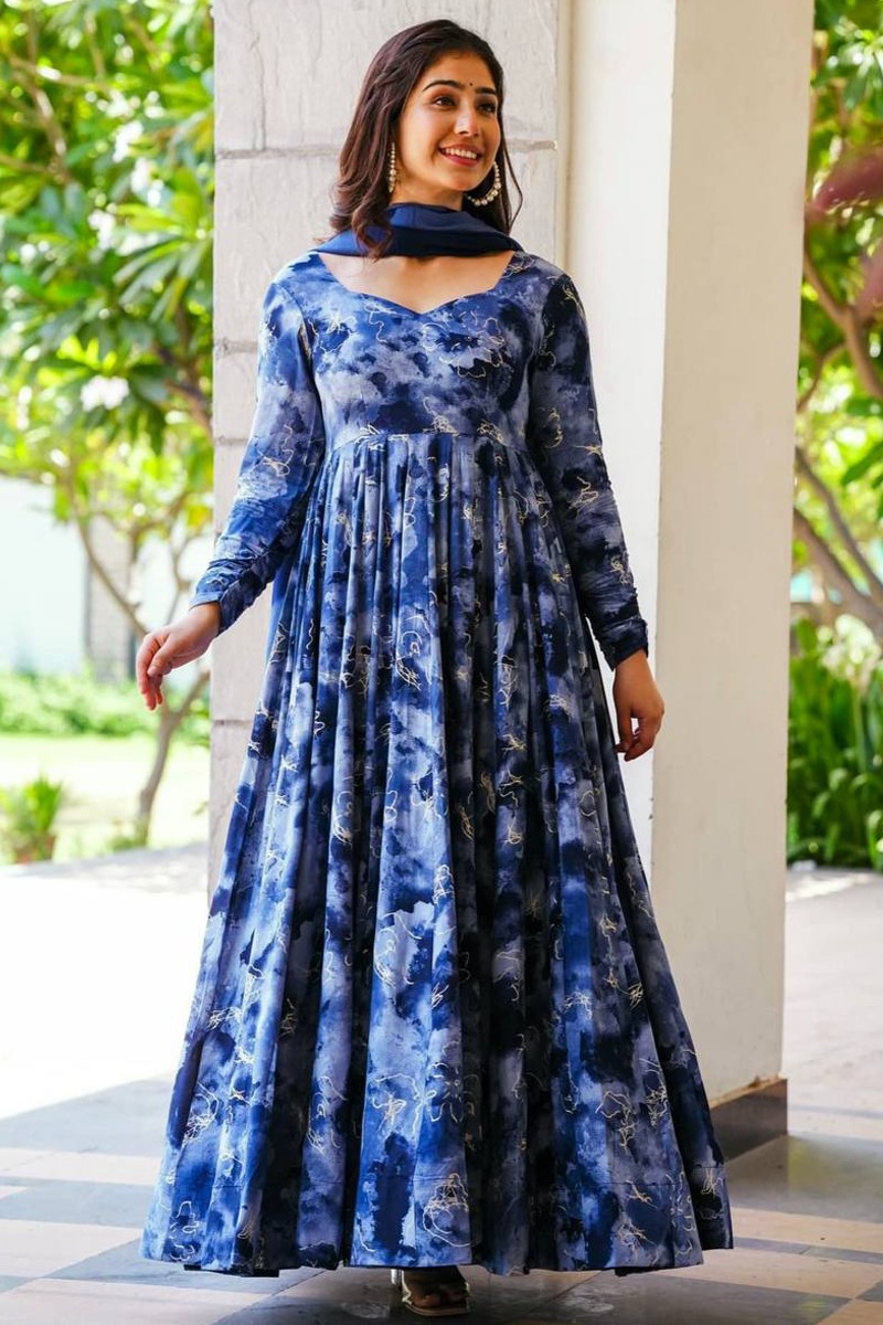 Lavender & Blue Floral Chiffon Maxi Dress With Net Jacket – Inddus.com