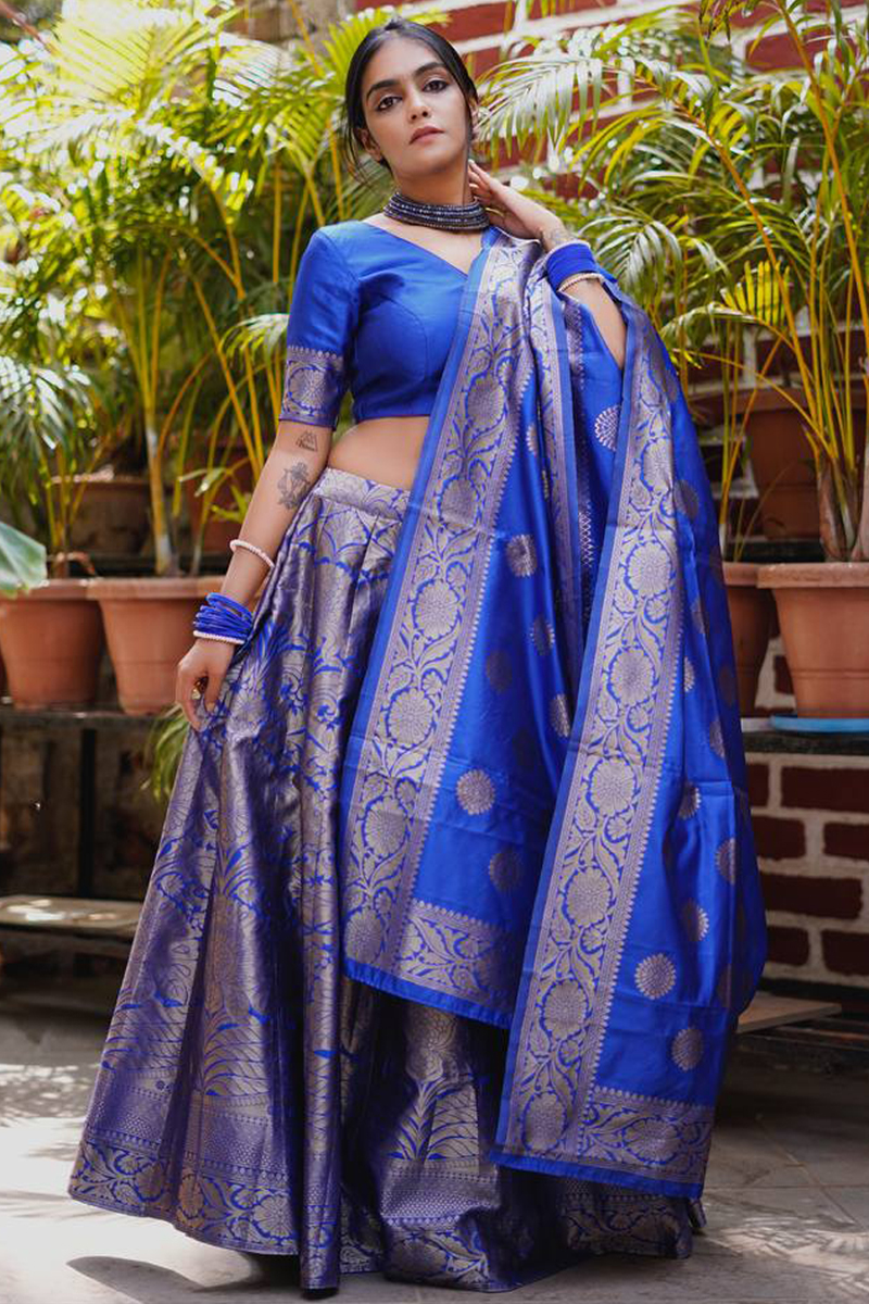 Women's Unstitched Traditional Banarsi Zari Silk Lehenga Choli Set Half  Saree (Blue)