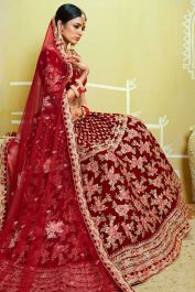 Velvet Stone Hand Work Bridal Lehenga Choli In Red Color