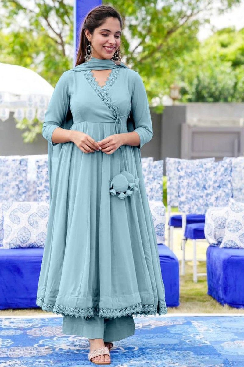 Buy online Sky Blue Embroidered Semi-stitched Anarkali Suit from Suits &  Dress material for Women by Shimeroo Fashion for ₹4299 at 56% off | 2024  Limeroad.com