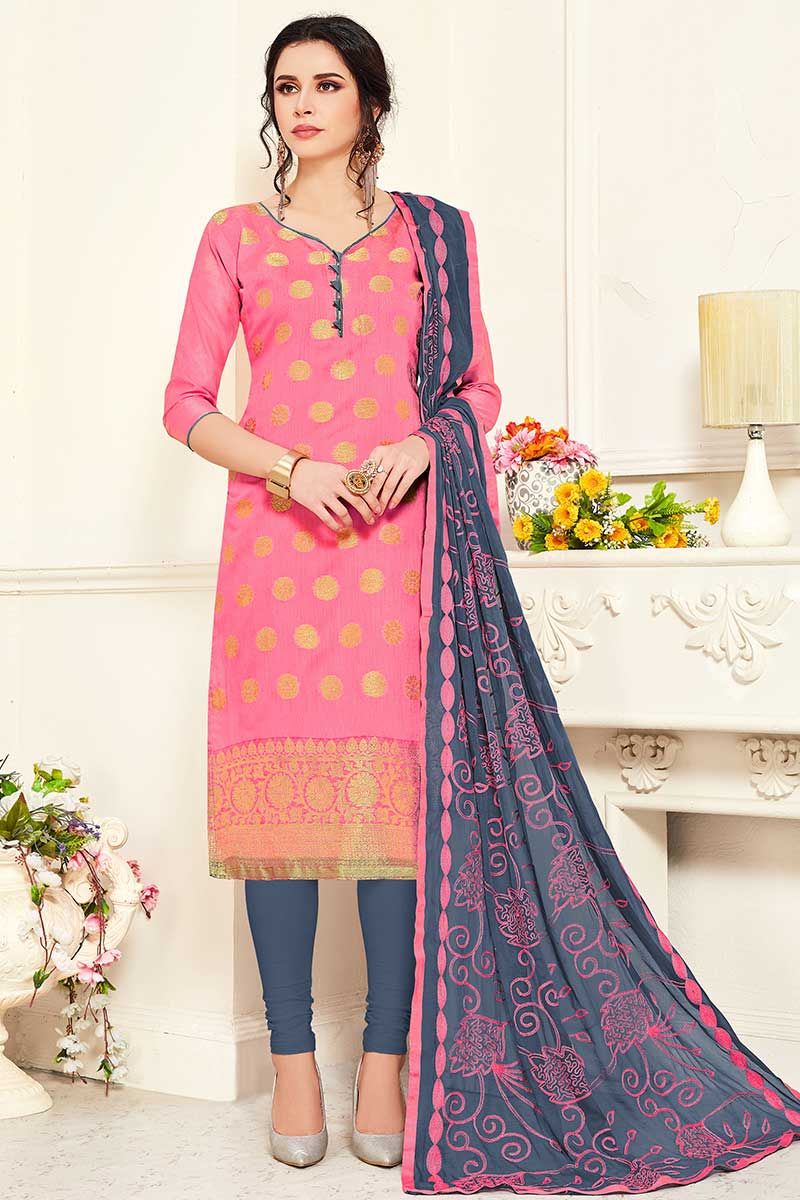 Banarasi Silk Pink Color Churidar Dress