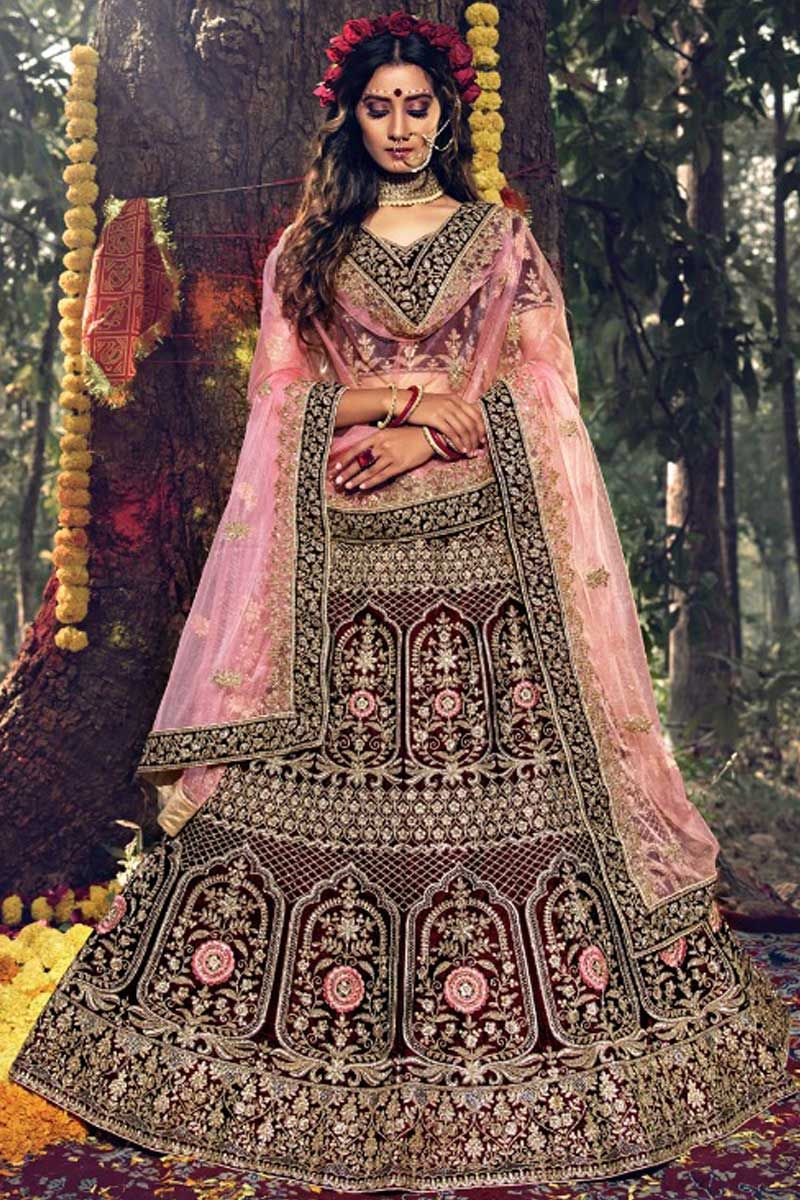 Radiant Reddish Maroon: Designer Mehrav Chidiya 9K Velvet Bridal Lehenga –  Elegance Redefined! ❤️👰 – Zaribari