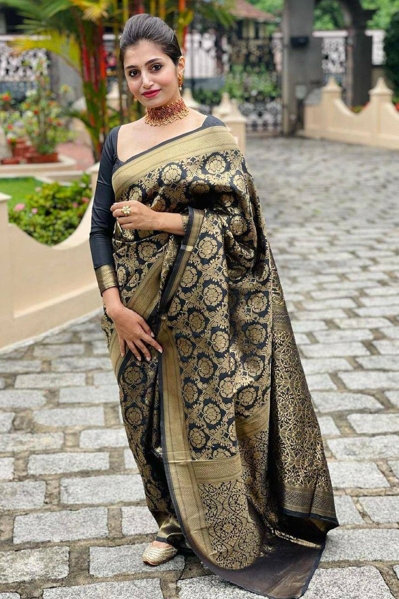 Elegant Black Modal Silk Saree with Golden Border Highlighted with Lac –  Sujatra